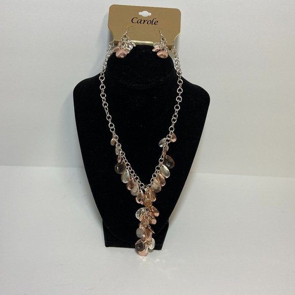 Fashion Jewelry Jewelry - Fun Fashion Necklace Earring set new Rose Gold Silver tone tear drop beads